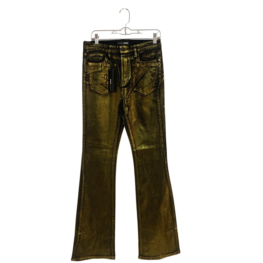 Fashion Nova Metallic Gold Flare Jeans High Waisted Distressed Pants NWT Size 13